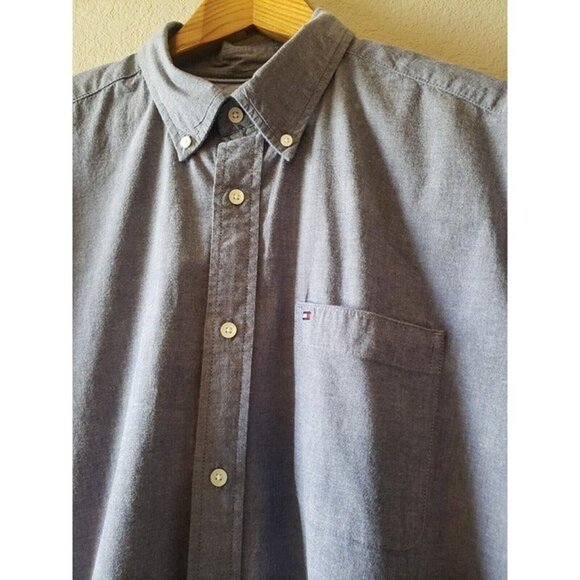 Tommy Hilfiger Mens Classic Fit Shirt Short Sleeve Blue Chambray Button XL - Picture 2 of 11